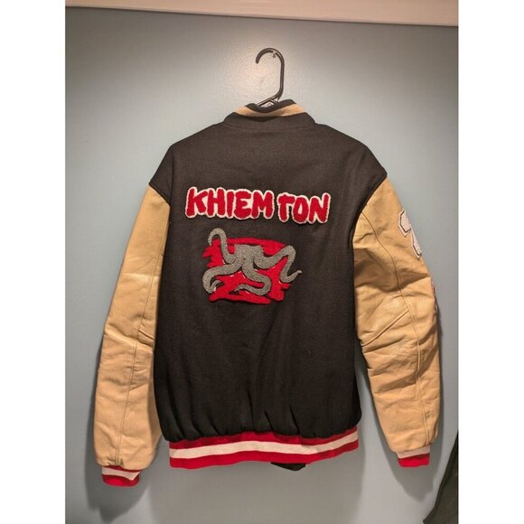 Mens Varsity Leather Jacket Khiemton Humble Tan Black Large - Picture 10 of 10